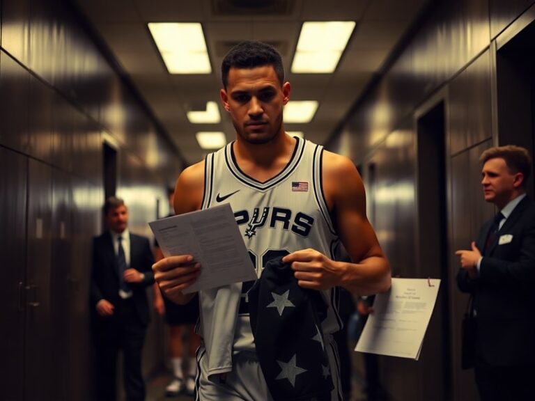A split-screen image showing Jakob Pöltl in a Spurs jersey mid-game on one side and an empty Spurs locker room with draft boa