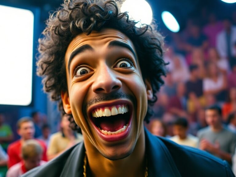 A split-screen image: on the left, Eric André in his iconic chaotic talk show hosting attire, mid-scream with guests recoilin