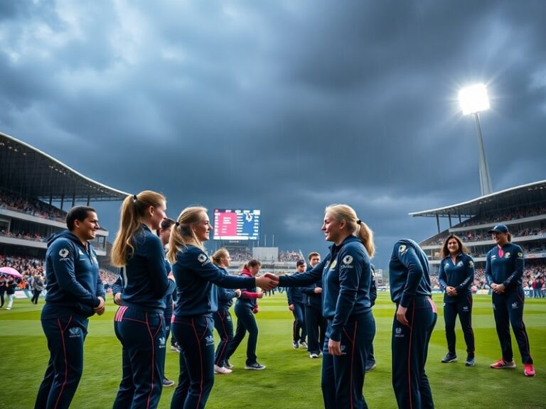 Two female cricketers from Scotland and New Zealand shaking hands on a rain-soaked Edinburgh ground, with the Scottish flag a