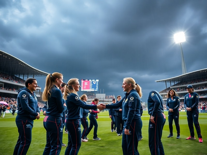 Two female cricketers from Scotland and New Zealand shaking hands on a rain-soaked Edinburgh ground, with the Scottish flag a