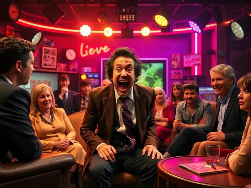 A split-screen image of Eric Andre mid-madness on his talk show set, with chaotic guests and surreal props, evoking a mix of