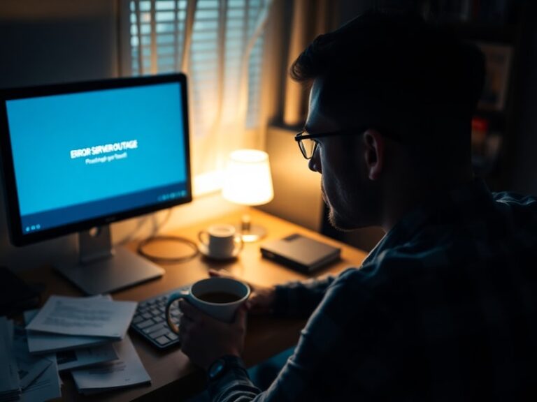 A split-screen image: on the left, a frustrated user staring at a loading spinner with 'Error 503' on a laptop screen; on the