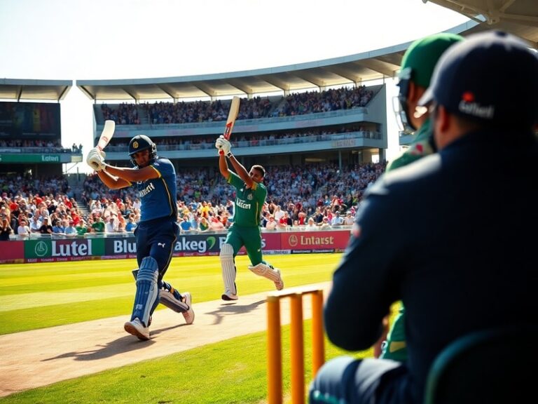 A vibrant cricket stadium filled with fans, showing Ireland and Sri Lanka players shaking hands before the match, with the Ir