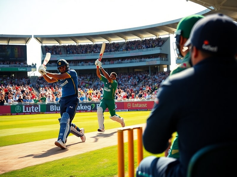 A vibrant cricket stadium filled with fans, showing Ireland and Sri Lanka players shaking hands before the match, with the Ir