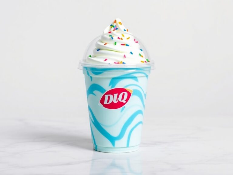 A close-up shot of four Dairy Queen Blizzard cups, each featuring a different new flavor—Salted Caramel Pretzel Crunch, Peanu