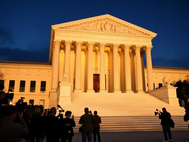 A gavel resting on a wooden desk with a blurred U.S. Supreme Court building in the background, evoking authority and legal pr