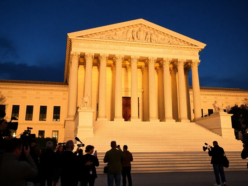 A gavel resting on a wooden desk with a blurred U.S. Supreme Court building in the background, evoking authority and legal pr