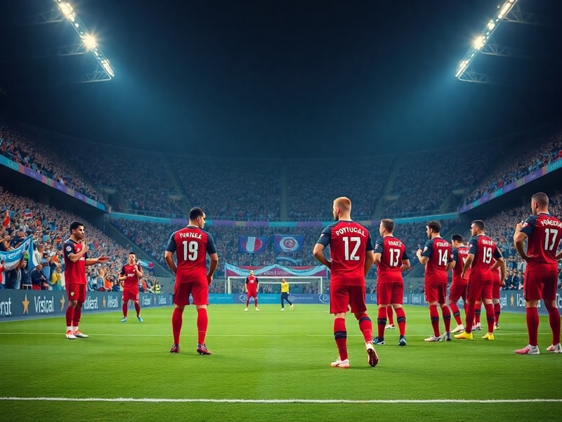 A dynamic action shot during the Portugal vs Uzbekistan match, showing players in mid-challenge on a well-lit pitch, with Por