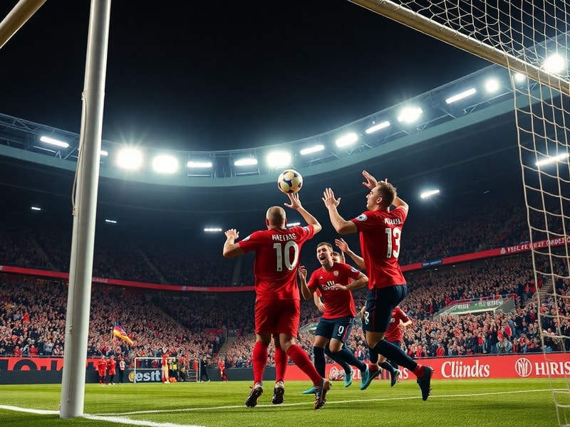A dynamic collage of World Cup goal scorers in action, featuring iconic players like Ronaldo, Klose, and Pelé, set against st
