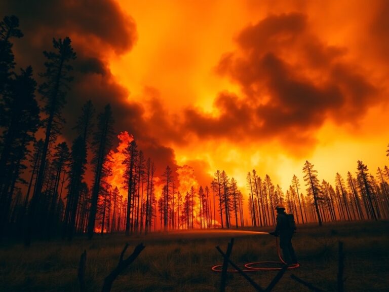 A wide shot of a dry, windswept landscape with darkening skies and distant smoke plumes under a hazy orange sun, evoking tens