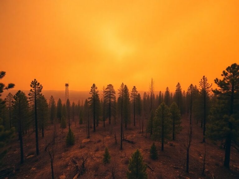 A firefighter in protective gear monitors a wildfire under a smoky orange sky, with dry brush and windblown embers visible. T