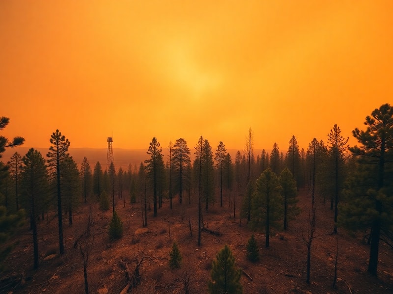 A firefighter in protective gear monitors a wildfire under a smoky orange sky, with dry brush and windblown embers visible. T