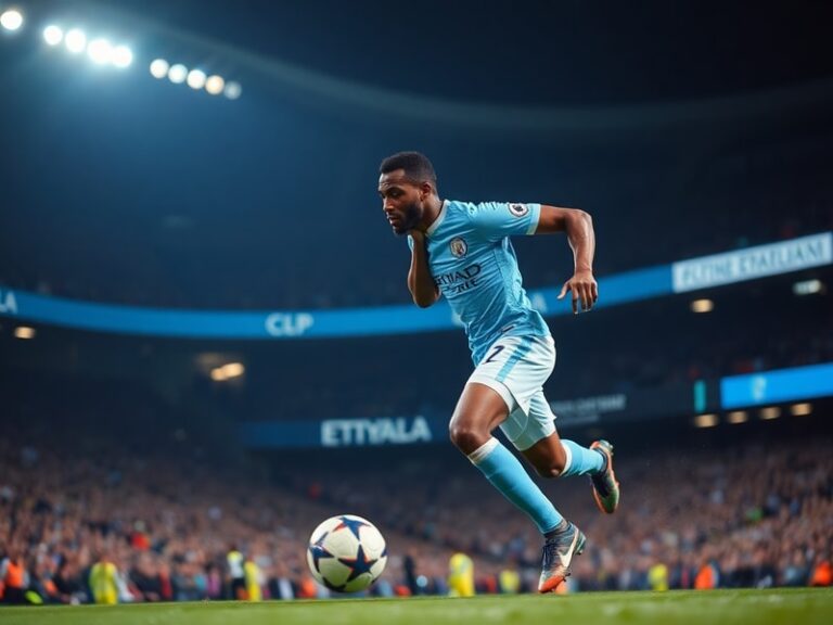 Alexander Semenyo in action for Manchester City, wearing the sky blue jersey, sprinting past a defender on the Etihad pitch d