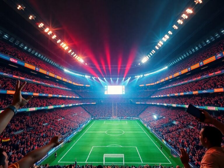 A futuristic stadium filled with fans wearing VR headsets, watching a 3D World Cup match projected in mid-air above a hologra