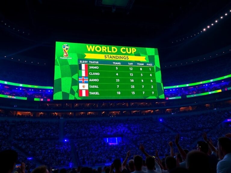 A vibrant stadium filled with fans from diverse nations, displaying flags and jerseys, with a scoreboard in the background sh