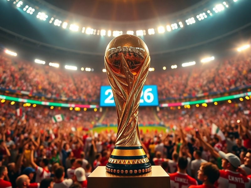 A vibrant collage of FIFA World Cup 2026™ elements: a soccer ball with the official 2026 logo, silhouettes of players in acti