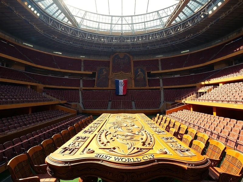A vibrant digital scoreboard showing a World Cup group table with flags and team names, displayed on a large screen in a pack
