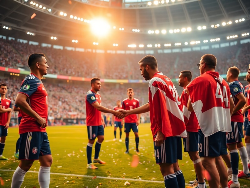 A split-image visual: on one side, a jubilant Panamá player in blue and red celebrating a defensive clearance; on the other,