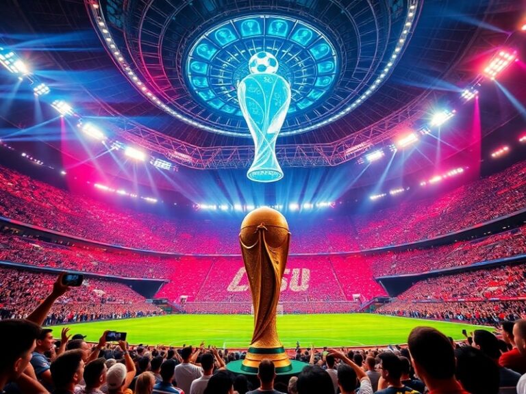 A vibrant collage of the FIFA World Cup 2026™ logo alongside stadiums in the U.S., Canada, and Mexico, with fans celebrating