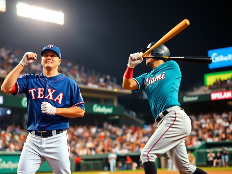 A mid-game action shot at loanDepot Park during the Rangers-Marlins series, featuring Jacob deGrom pitching against Jazz Chis