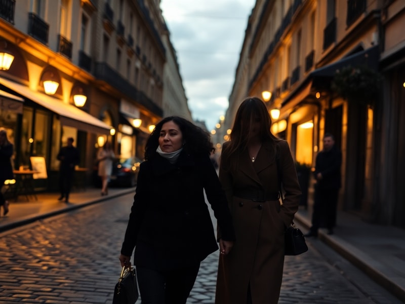 A stylish black-and-white photograph of Jada Pinkett Smith walking along the Seine in Paris at night, wearing a leather jacke