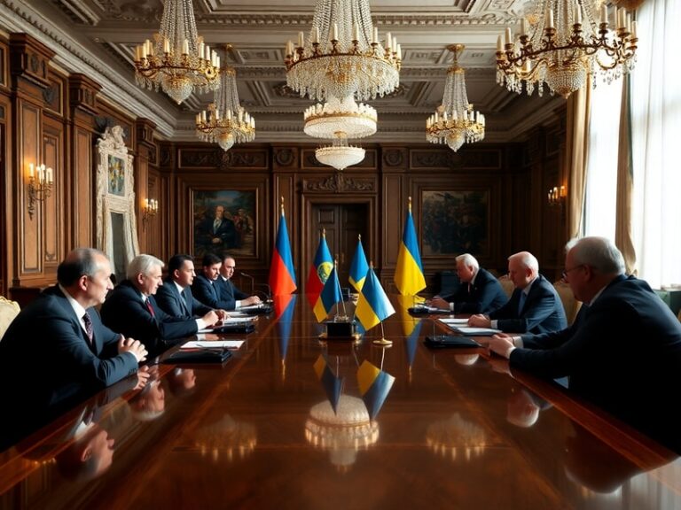 A tense conference room in Istanbul with diplomats seated around a long table, flags of Ukraine, Russia, and Turkey visible,