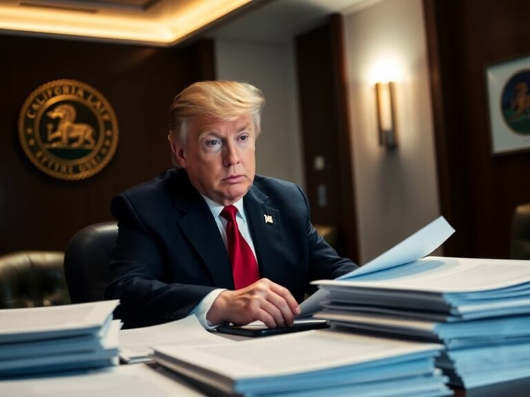 A courtroom sketch-style image showing a judge reviewing documents with a gavel, a California state seal in the background, a