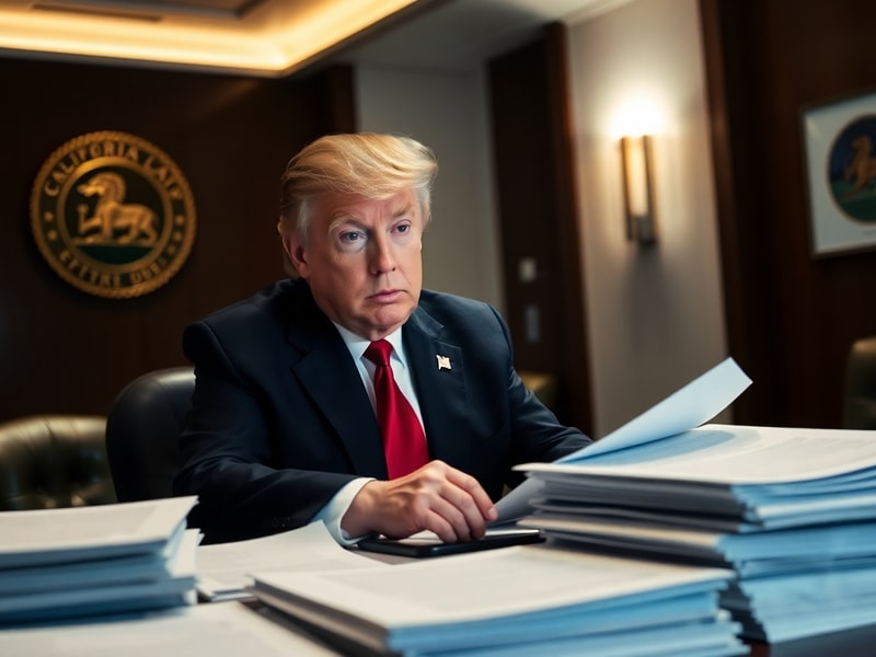 A courtroom sketch-style image showing a judge reviewing documents with a gavel, a California state seal in the background, a