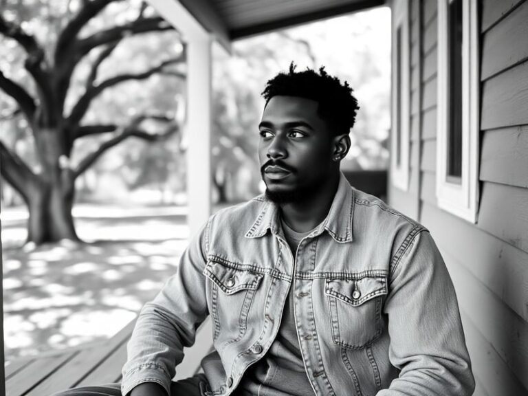 A candid portrait of Morez Johnson Jr. standing in a dimly lit recording studio, wearing a vintage oversized jacket from his