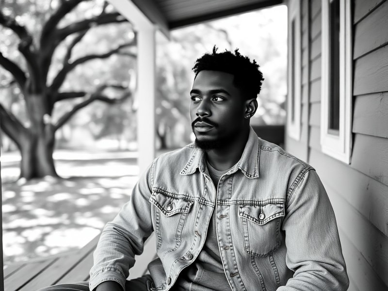 A candid portrait of Morez Johnson Jr. standing in a dimly lit recording studio, wearing a vintage oversized jacket from his