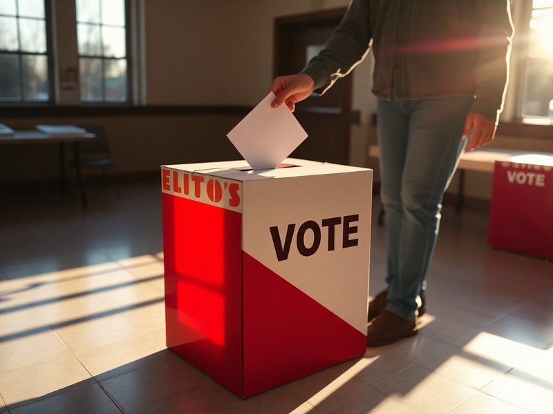 A diverse group of Maryland voters at a polling station in Baltimore, with an American flag and Maryland state flag visible,