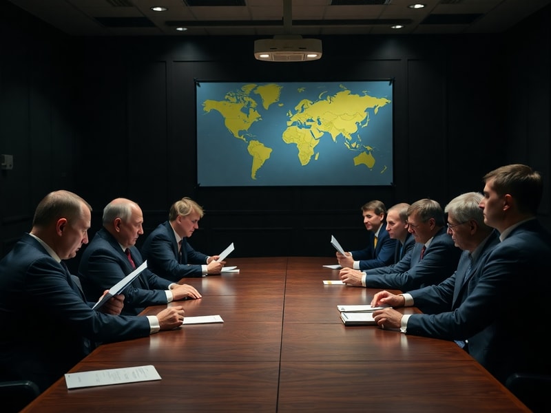 A tense meeting room in Istanbul with negotiators seated across from each other, a UN flag in the background, and a large map
