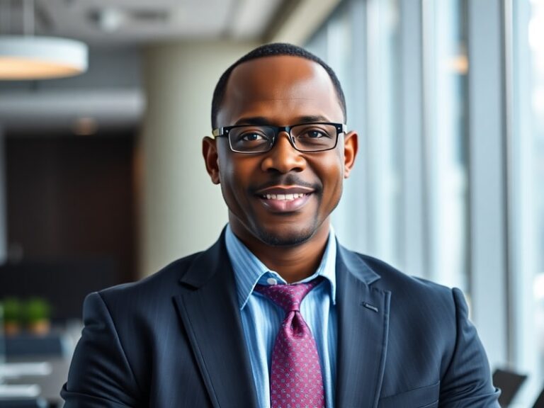 A vibrant studio portrait of Ebuka Okorie wearing a bold African-print shirt, standing in front of a colorful mural depicting