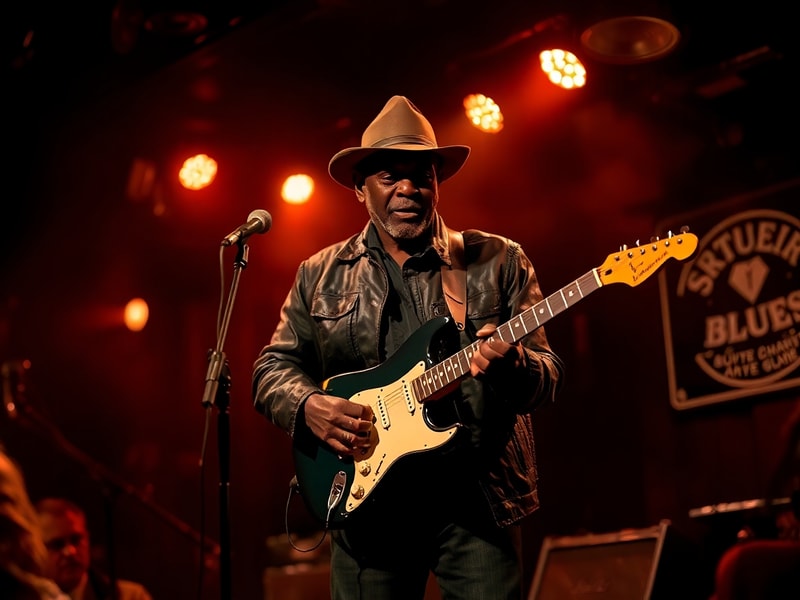 A dynamic concert shot of Chuckie Robinson performing on stage with a diverse, enthusiastic crowd in the foreground. He holds