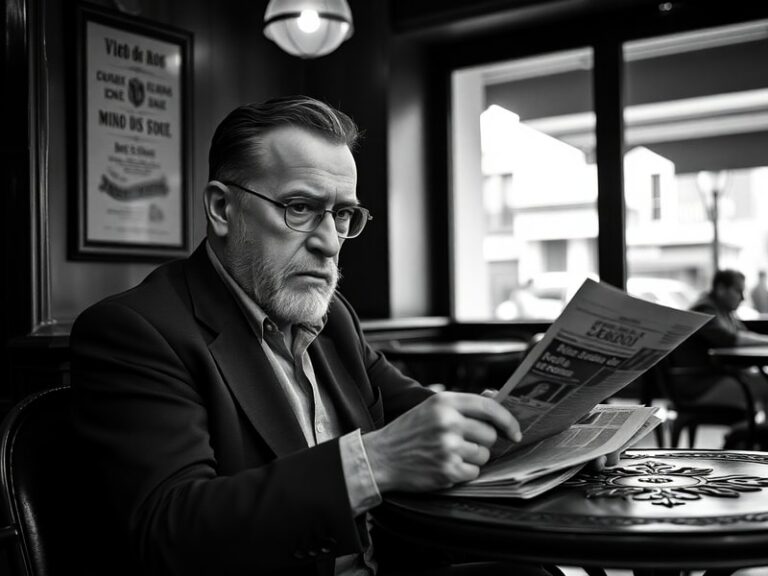 A warm, slightly moody portrait of Sergio de Larrea in a Barcelona café, laptop open, notebook beside him, surrounded by gami