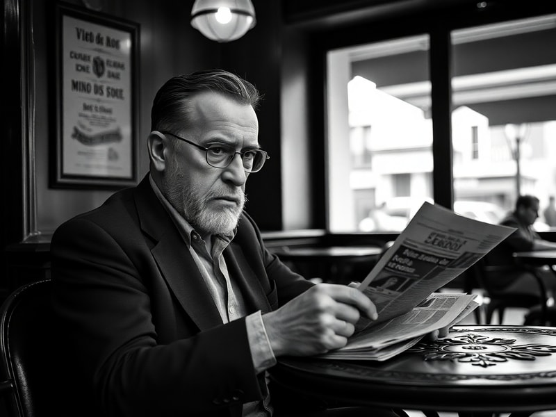 A warm, slightly moody portrait of Sergio de Larrea in a Barcelona café, laptop open, notebook beside him, surrounded by gami