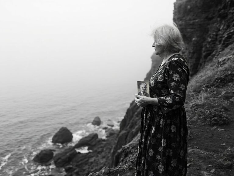 A somber coastal scene at dusk: a lone widow standing on a rocky pier, gazing out at a stormy sea, with fishing boats in the