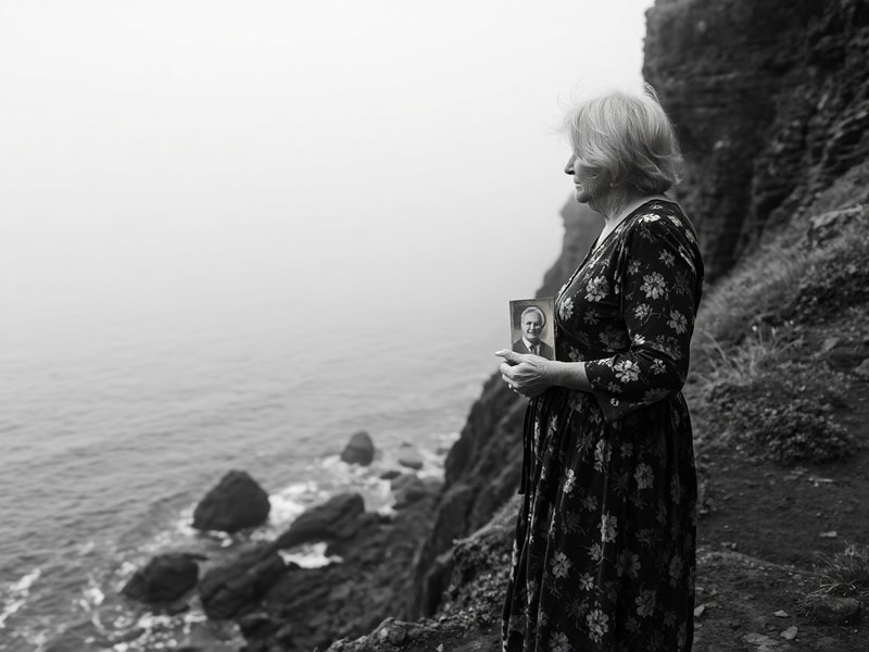 A somber coastal scene at dusk: a lone widow standing on a rocky pier, gazing out at a stormy sea, with fishing boats in the
