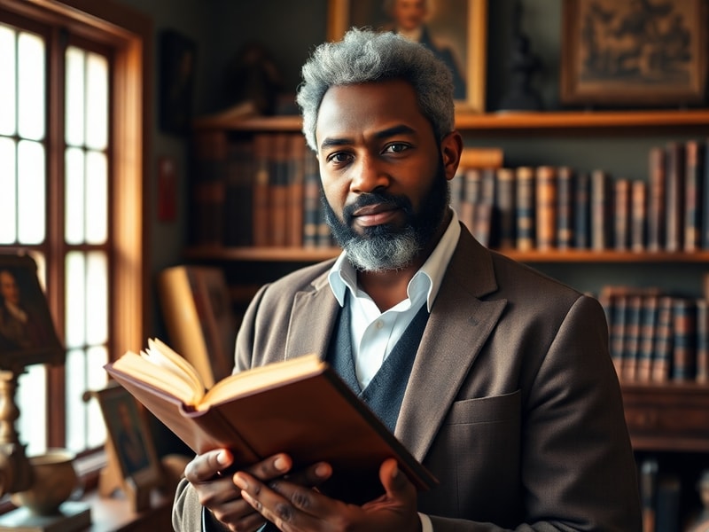 A moody portrait of Joshua Jefferson standing in a dimly lit room surrounded by vintage film equipment, with natural light st