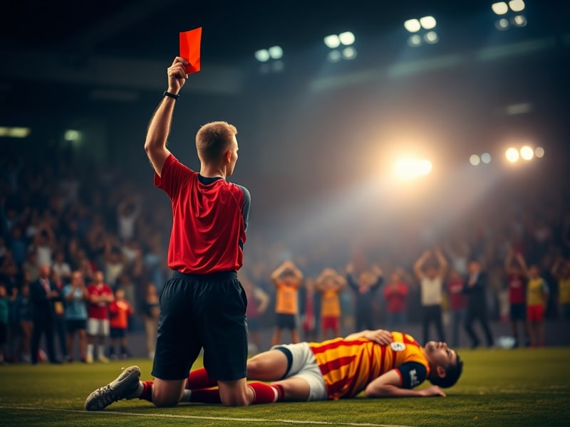 A dynamic sports stadium shot capturing a decisive moment in a football match, with players in mid-action and fans reacting p