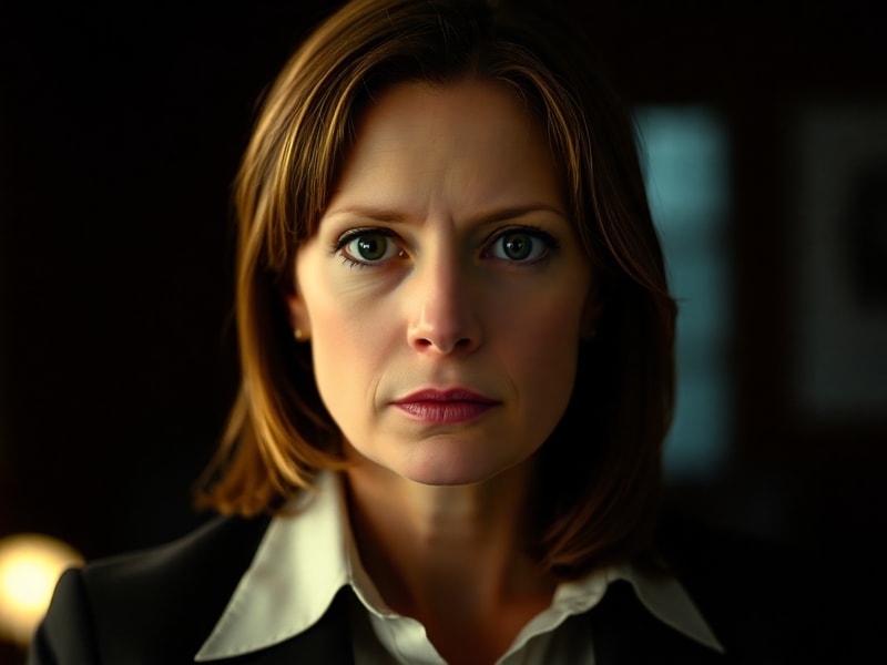 A cinematic portrait of Jodie Foster in her 60s, wearing a dark blazer against a moody urban backdrop, evoking her roles in p