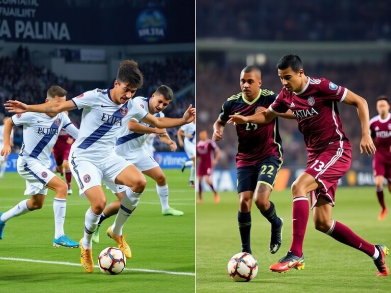 A mid-match action shot from Bosnia vs Qatar, showing players in red and white (Bosnia) and maroon (Qatar) jerseys, with a pa
