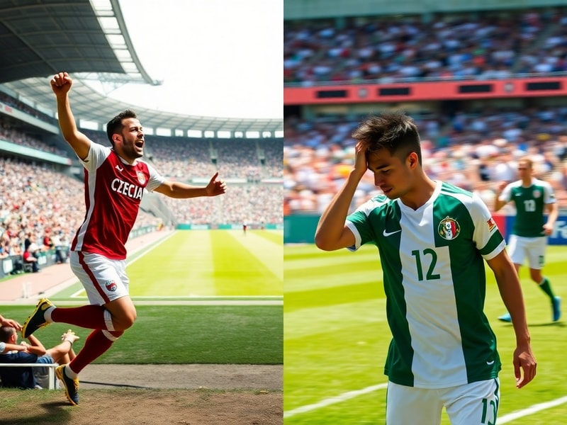 A vibrant stadium scene showing Czech and Mexican players in action during a match, with fans in both national colors creatin