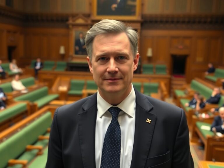 A professional portrait of Darren Jones MP speaking at a podium in Bristol, with the UK Parliament in the background, conveyi