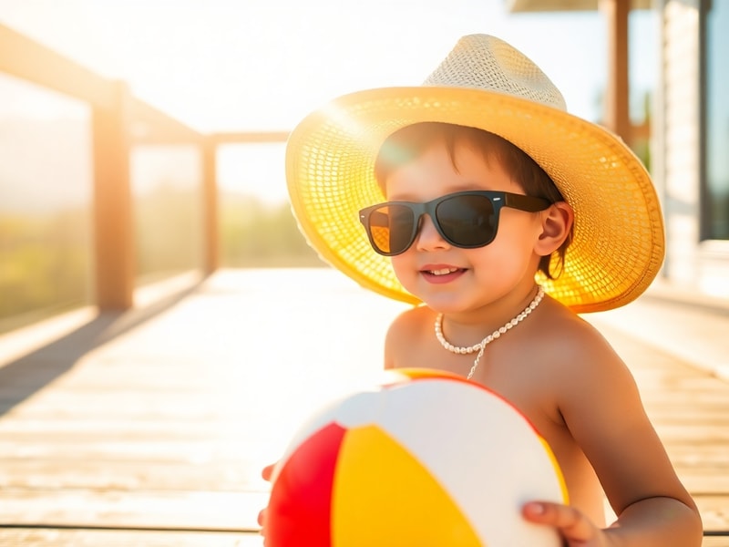 A person applying sunscreen at the beach with a clear sky, UV index meter in the background, wearing a wide-brimmed hat and s