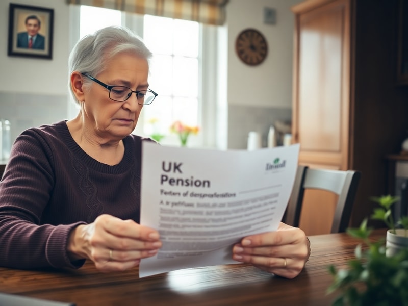 A well-dressed elderly couple reviewing papers at a kitchen table, with a calculator, pension statement, and a warm cup of te