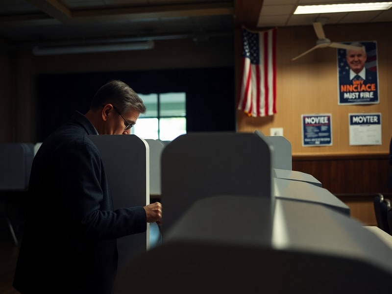 A split-screen image showing a crowded polling station on the left with diverse voters casting ballots, and a political strat