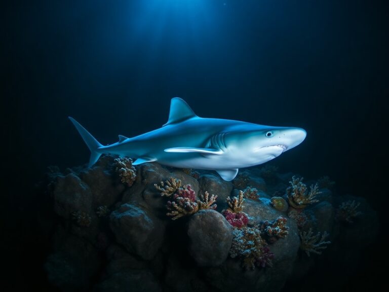 A pale, ethereal ghost shark (chimaera) gliding through the dark, deep ocean off Costa Rica’s coast, with bioluminescent plan