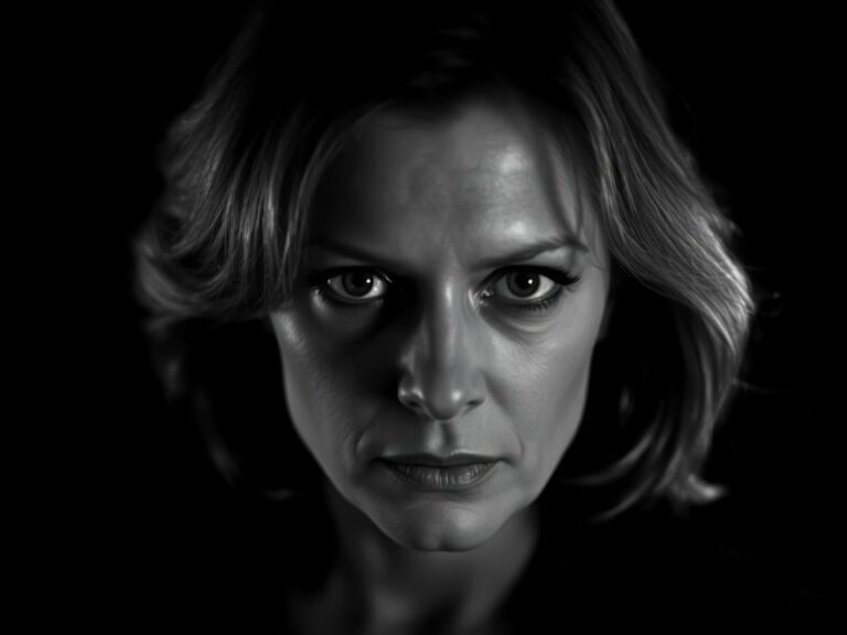 A portrait of Jodie Foster in her prime, dressed in a sleek black blazer, standing in a dimly lit film set with a serious exp