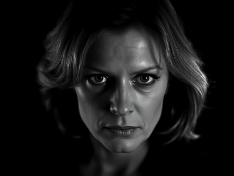 A portrait of Jodie Foster in her prime, dressed in a sleek black blazer, standing in a dimly lit film set with a serious exp